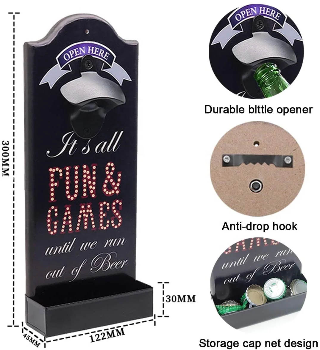 Wooden Wall Mounted Beer Corkscrew with Collection Container Rustic Look Beer Corkscrew Bottle opener on the wall