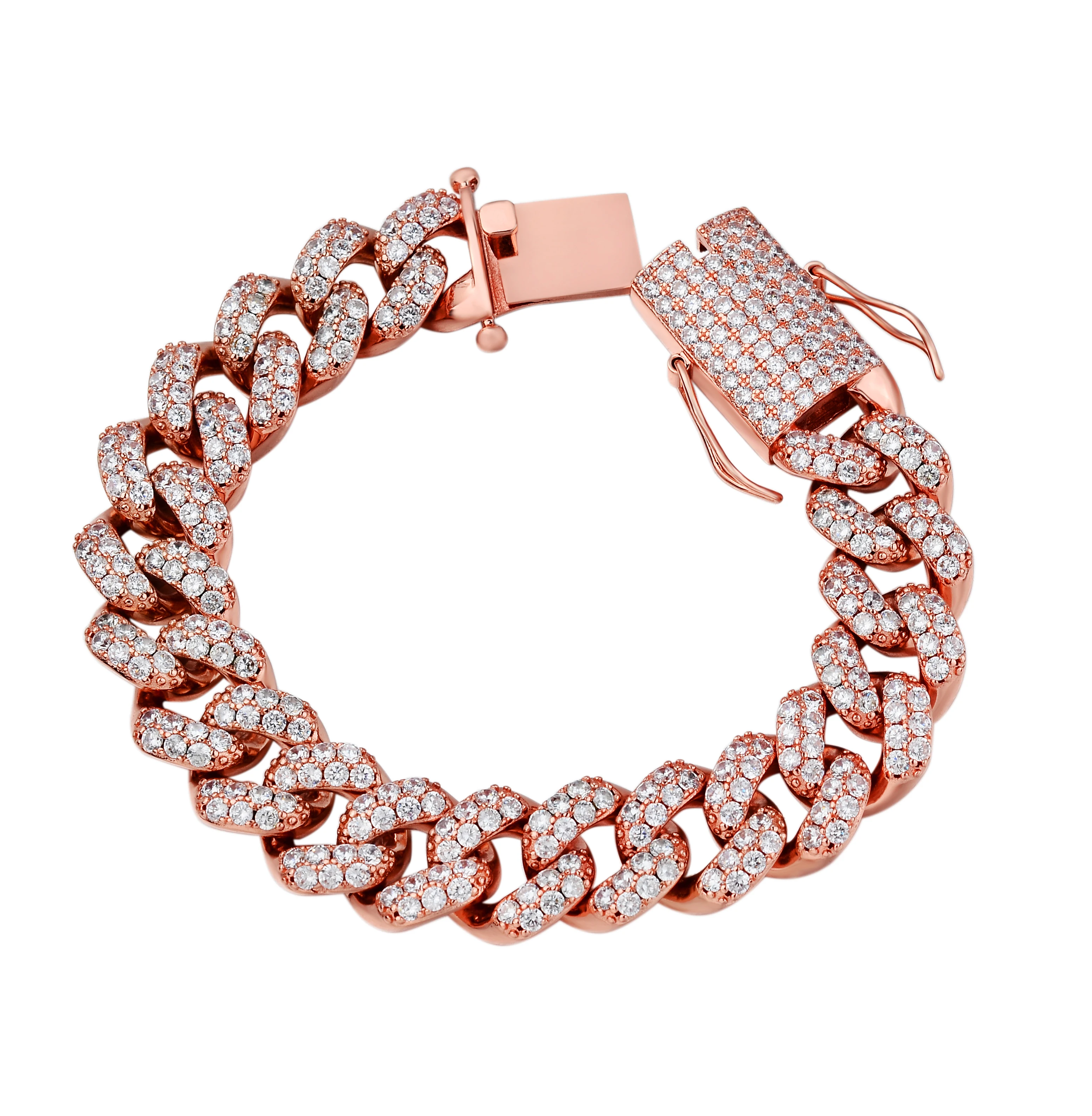15mm Mens White Gold Diamond 18k Glod Plated Cuban Link Chain Bracelet For Men