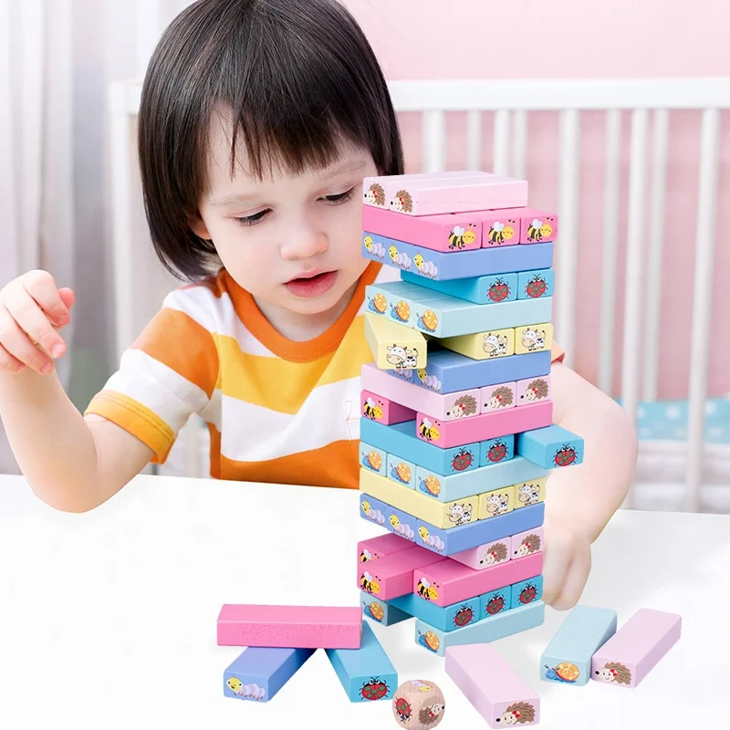 Wooden Toppling Tumbling Tower Cognitive Building Wooden Tower Stacking Blocks Board Games with Dice for Kids