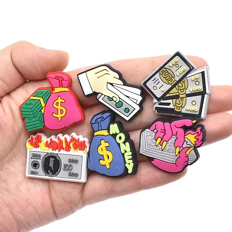 XH English Phrases PVC Shoe Charms Resin Dollar Money Letter Shoe Floral Chains Bottom Rivet Button Buckle Shoe Accessories