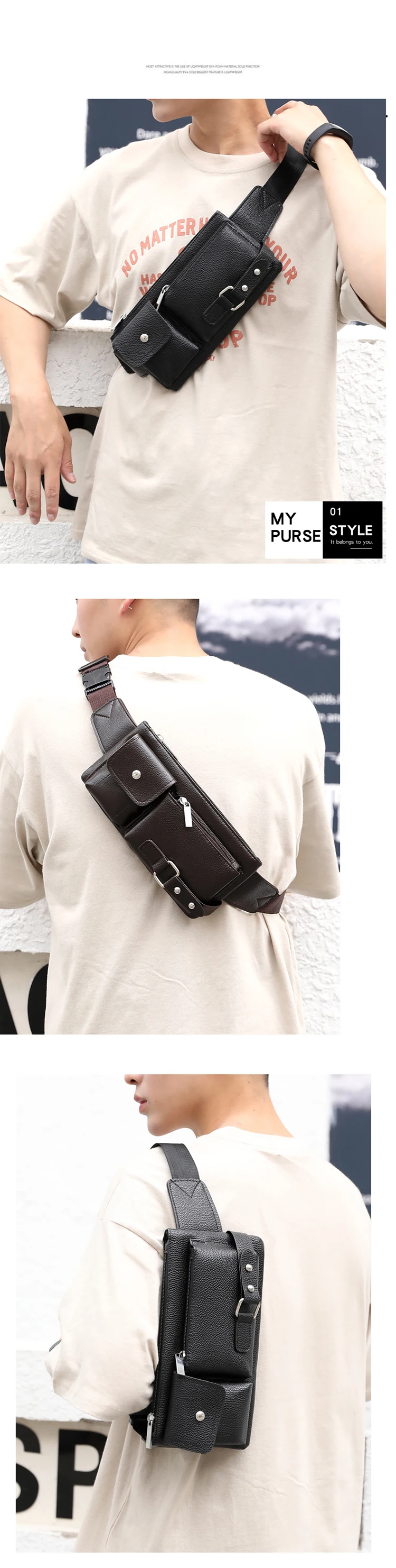 Wholesale Fashion Messenger Bags Universal Waterproof Leisure PU Leather Waist Bags