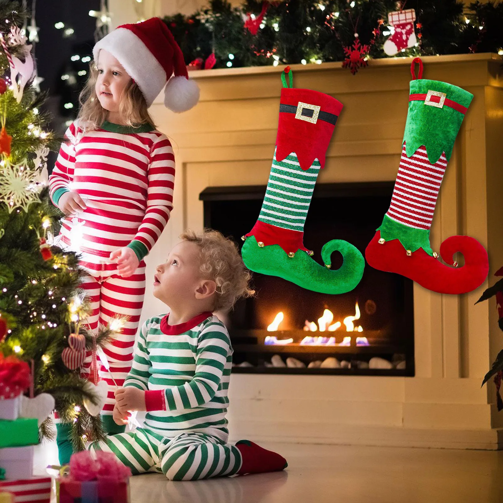 2024 Lovely Green Fleece Christmas Elf Stocking Christmas Tree Gift Fireplace Xmas Socks Hanging Ornaments Decoration