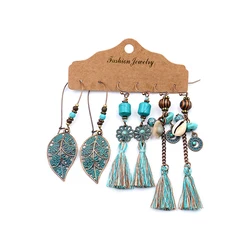 Fashion Bohemian Beaded Leaf Floral Hollow Out Women Tassel Earrings Set