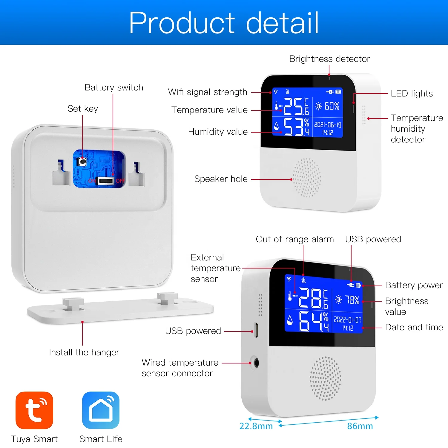 Tuya APP Smart Home Brightness Indicator Amazon Alexa Google Assistant LCD Display WiFi Digital Temperature Humidity Sensor