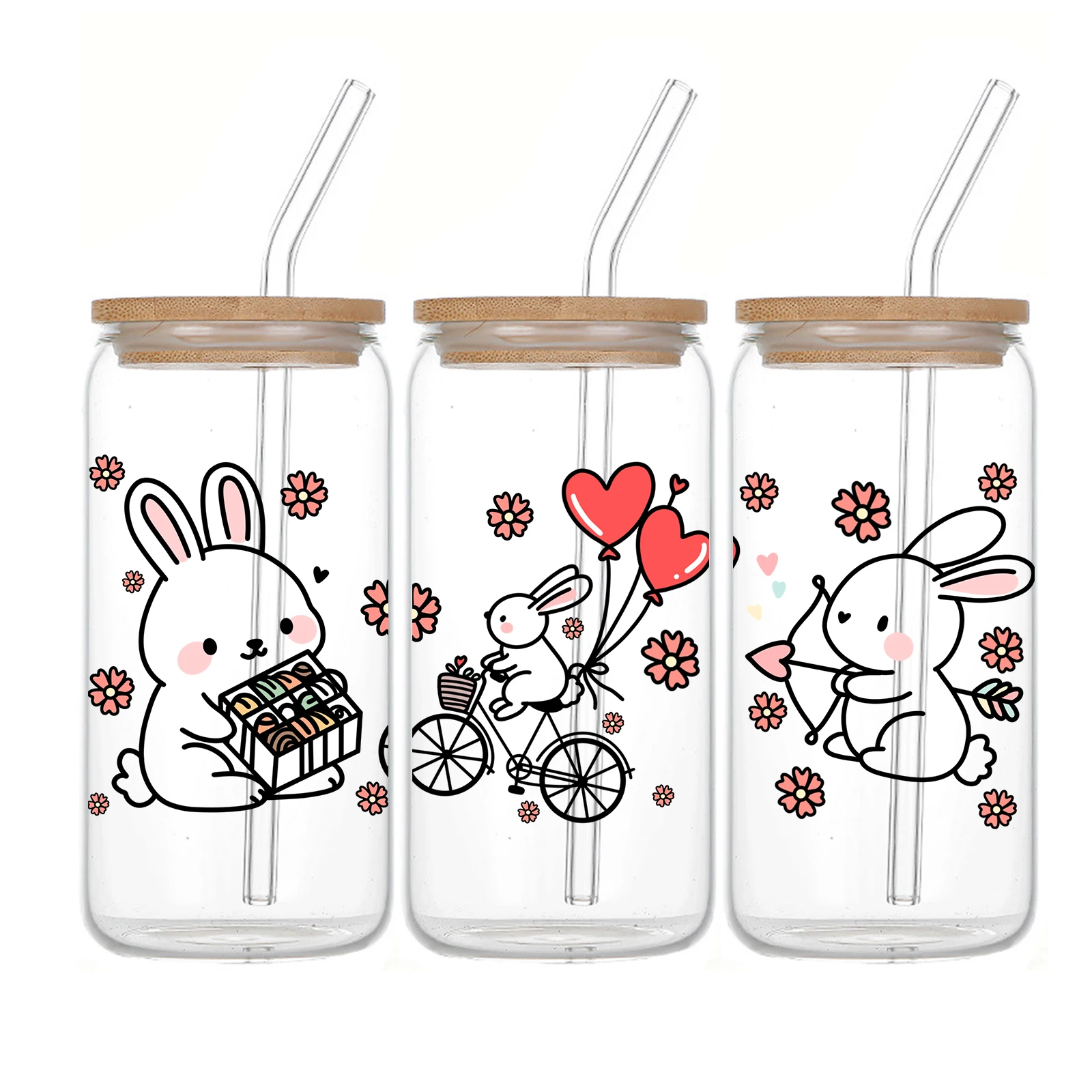 1pc Glass Can Coffee Cup With Lid And Straw 16oz Clear Glass Love Rabbits Iced Coffee Mug For Animal Lovers Gift Soda Can Glass