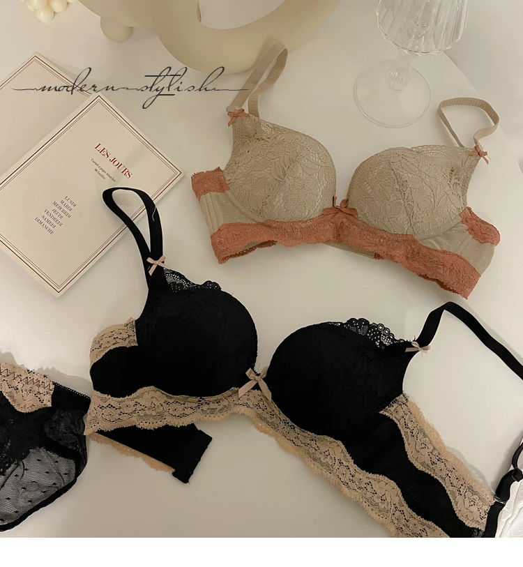 French Gathered Underwear Without Underwire Latex Adjustable Lace Bra Set