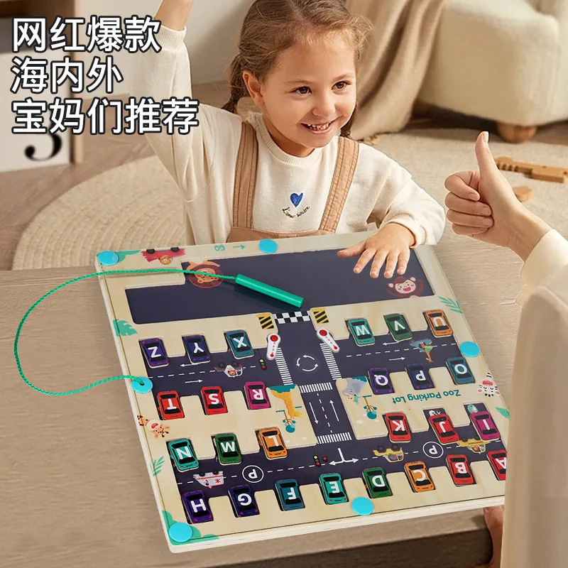 Wooden letter car matching magnetic parking displacement children training matching games educational early learning toys kids