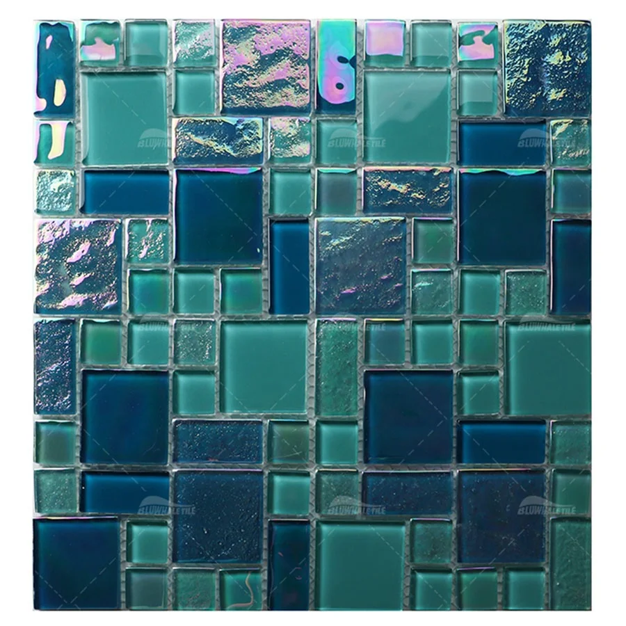 Cheap Price Glow In Dark Dark Green Shiny Rainbow Iridescent Glass Pool Tile Mosaic Iridescent Green Tile