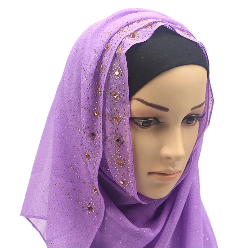 Wholesale turban pearl chiffon gold and hot diamond long scarf women gauze hijab