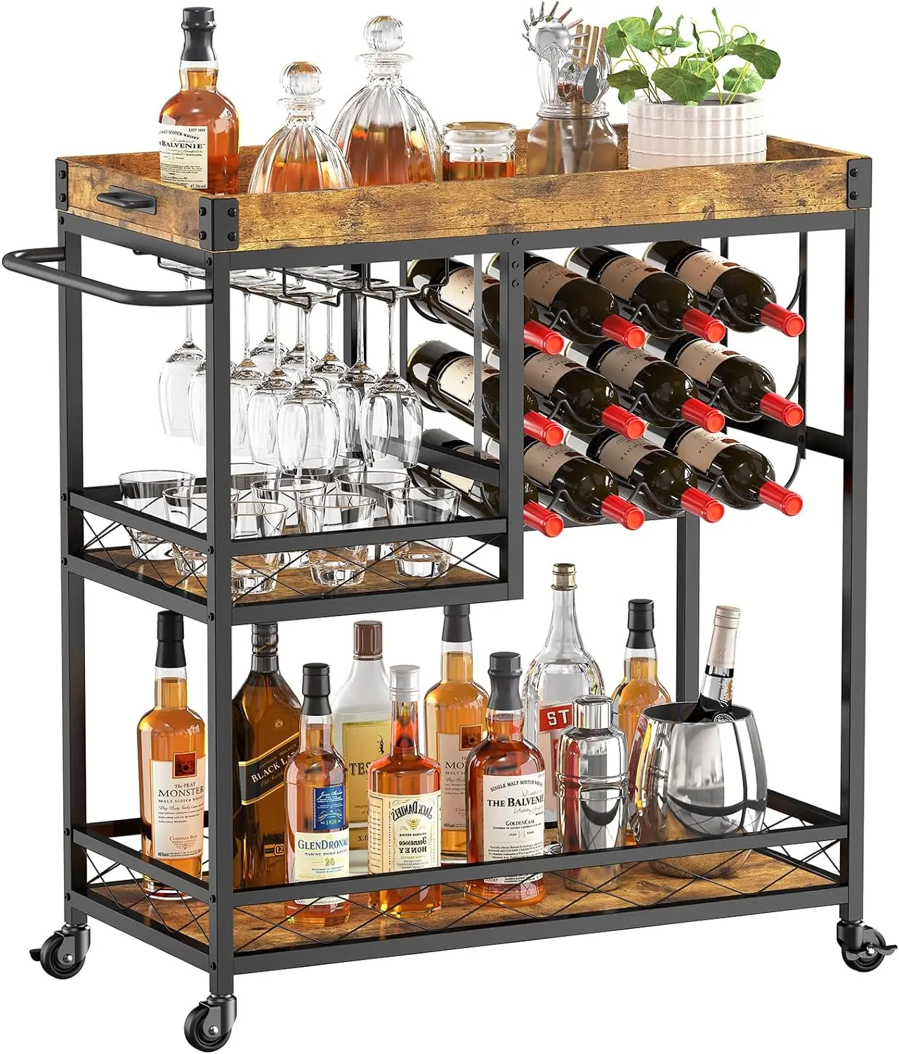 Bar Home Serving Cart 3 Tier Drink Serving Cart with 12 Wine Bottle Racks Liquor Beverage Cart for Kitchen Dining Living Room