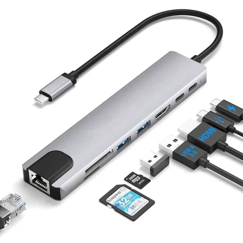 8 in 1 USB C Hub Dongle Docking Station with HDTV TF SD Card Reader USB-C Multi-port USB-C Hub MAC Book Converter Connecting