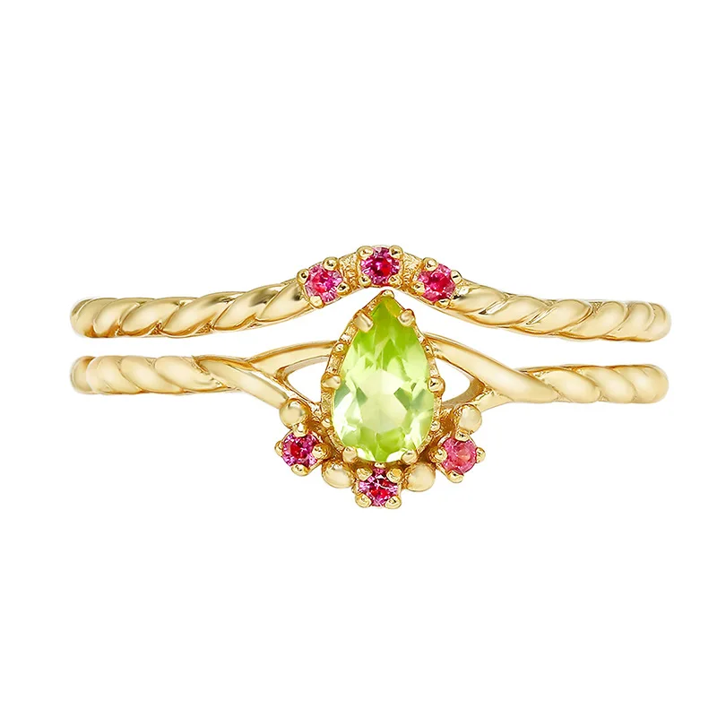 Japanese 925 Sterling Silver 14K Gold Plated Pear Shaped Natural Peridot Red Corundum Twist Stackable Ring Set