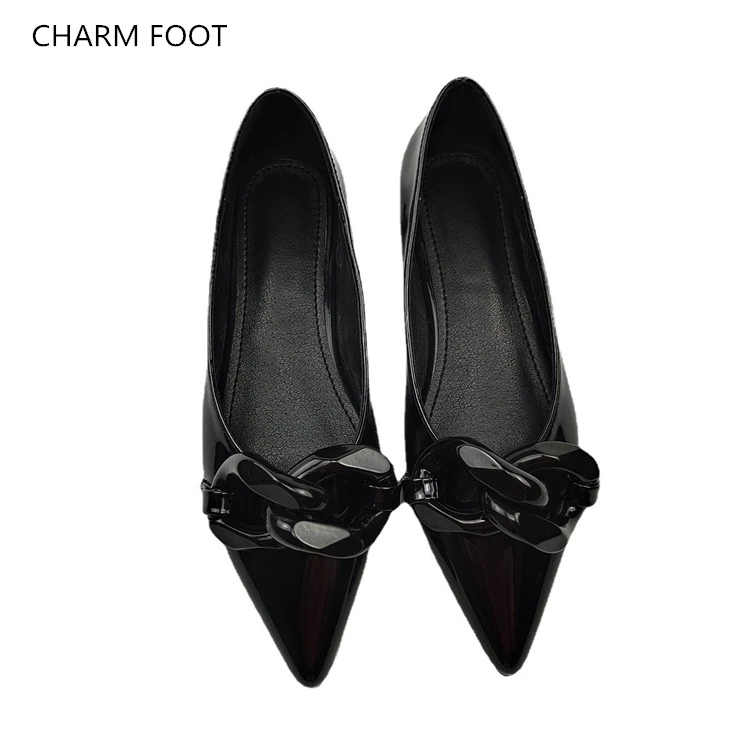 Spring and Summer Net Red Same Style Patent Leather Fashion Chain Tip Shallow Mouth Versatile Flat Sole Single Shoe Women