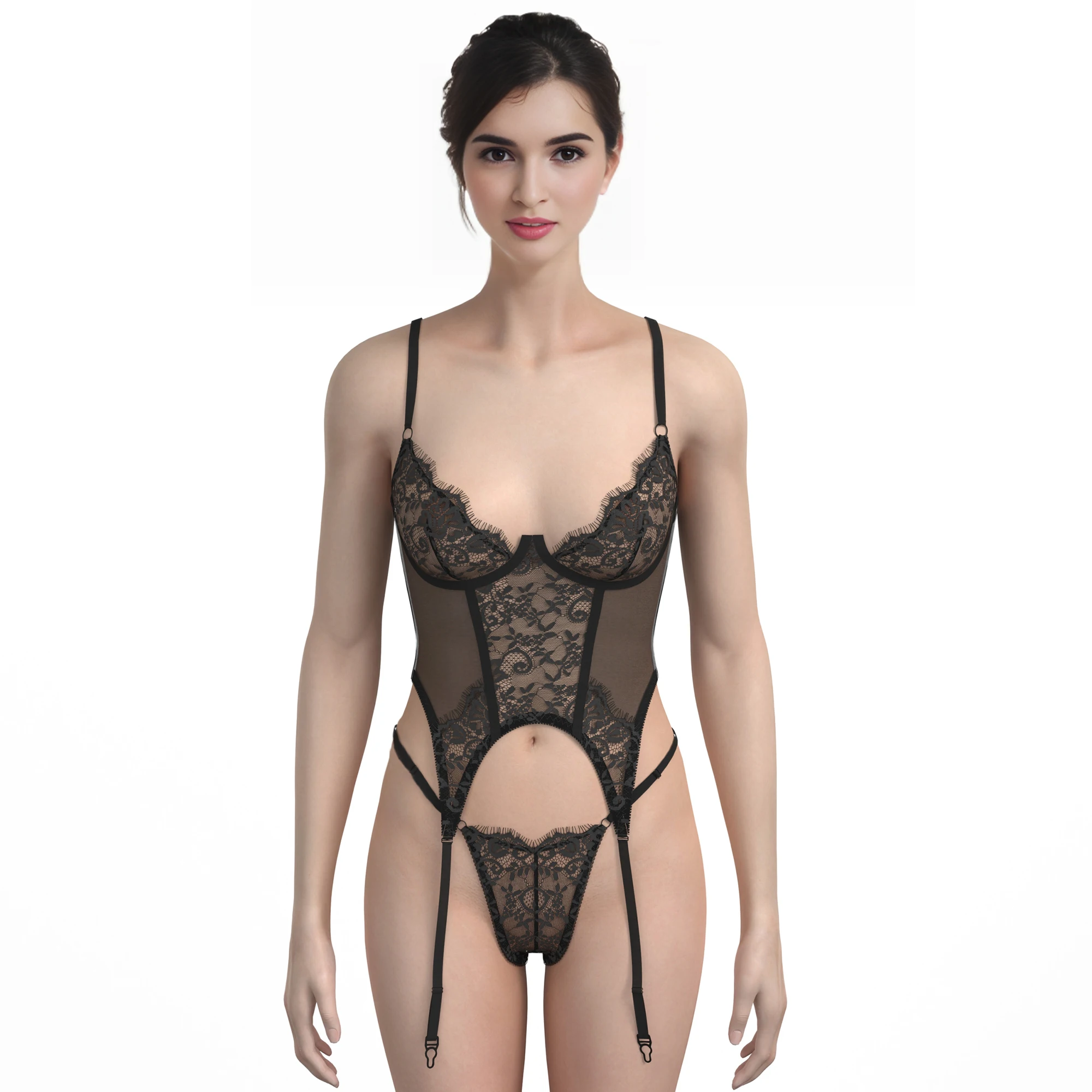 2024 Lady Underwear Fashion Sexy See Through Embroidery Lace Lingerie String Thong Wholesale Corset Bra & Brief Sets