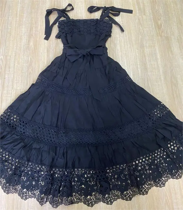 White Sweet Suspender Dresses 2024 Spring New Seaside Resort Style Lace Splicing Bow Tie Waist Long Dress Women