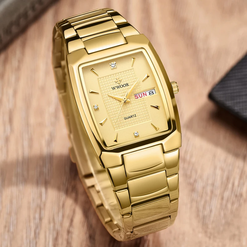 High Quality WWOOR 8837 Diamond Mens Square Watches Luxury Stainless Steel Week Date Display Waterproof Quartz Watches For Men