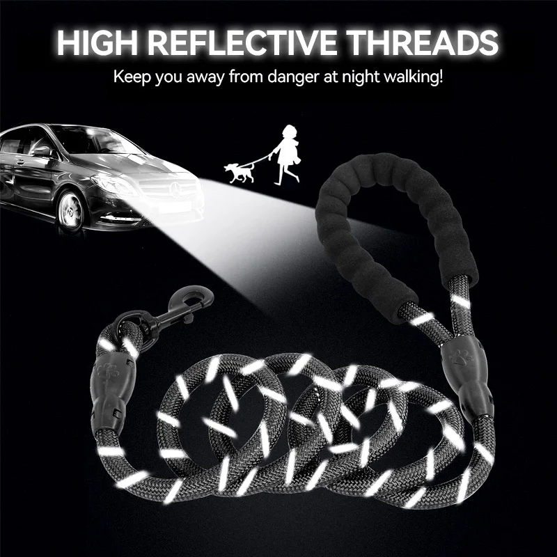 MayPaw Heavy Duty Rope Dog Leash, Nylon Pet Leash, Soft Padded Handle Thick Lead Leash for Large Medium Dogs Small Puppy Black