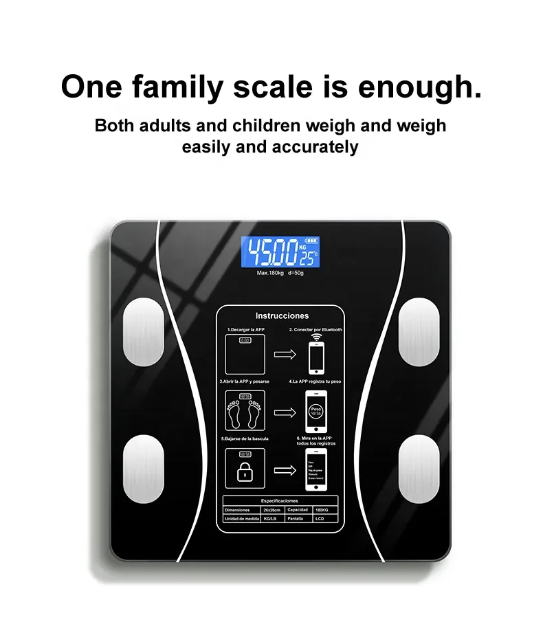 260*260MM Tempered Glass Smart Digital Electronic Body Fat Scale Bathroom Scale with BMI