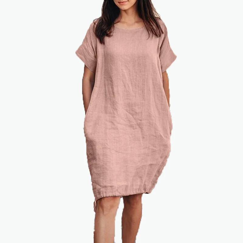 OEM Cotton Linen Knee Casual Loose Short Sleeve Robe  Summer Lady Vintage Dress Oversize Womens Solid Sundress