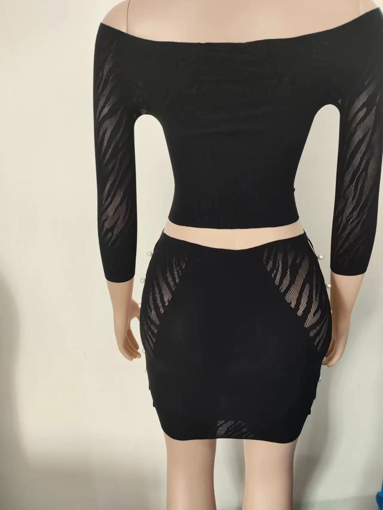 Sexy Fishnet Thick Outside Street Wear Pearl Bodystocking Top Skirt Dress 2 Piece Suit Lingerie Romper Jumpsuit