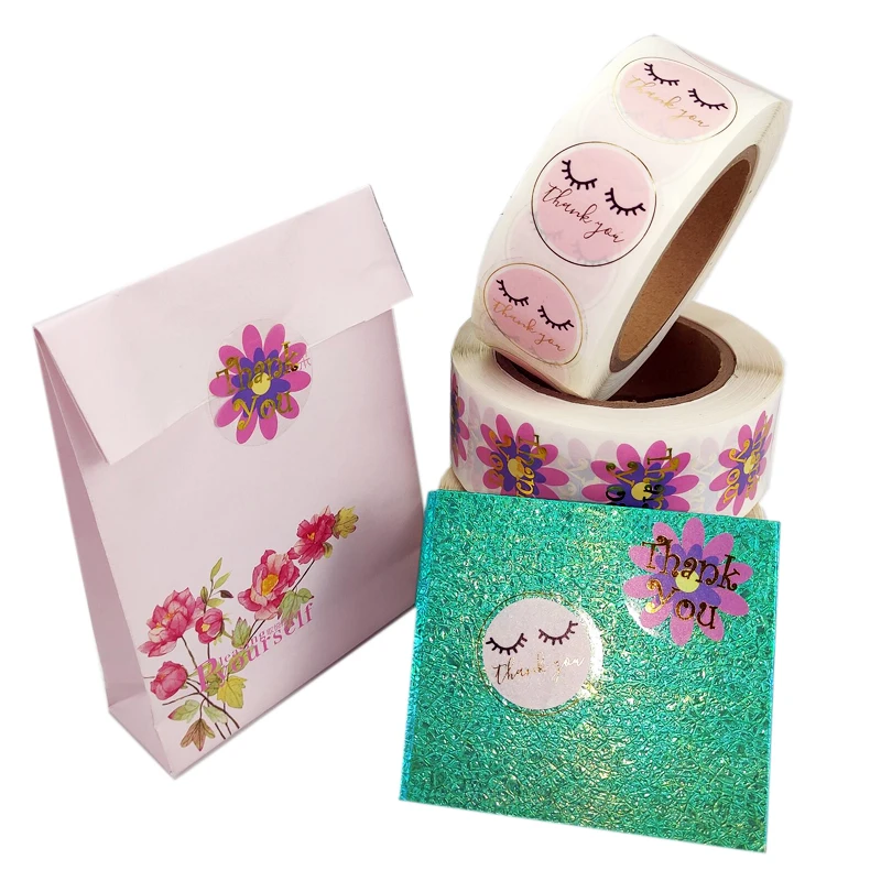 1.5inch 500pcs/Roll Round Floral Thank You Stickers Black wedding Gifts Evenlop Sealing Packaging Labels Sticker Roll