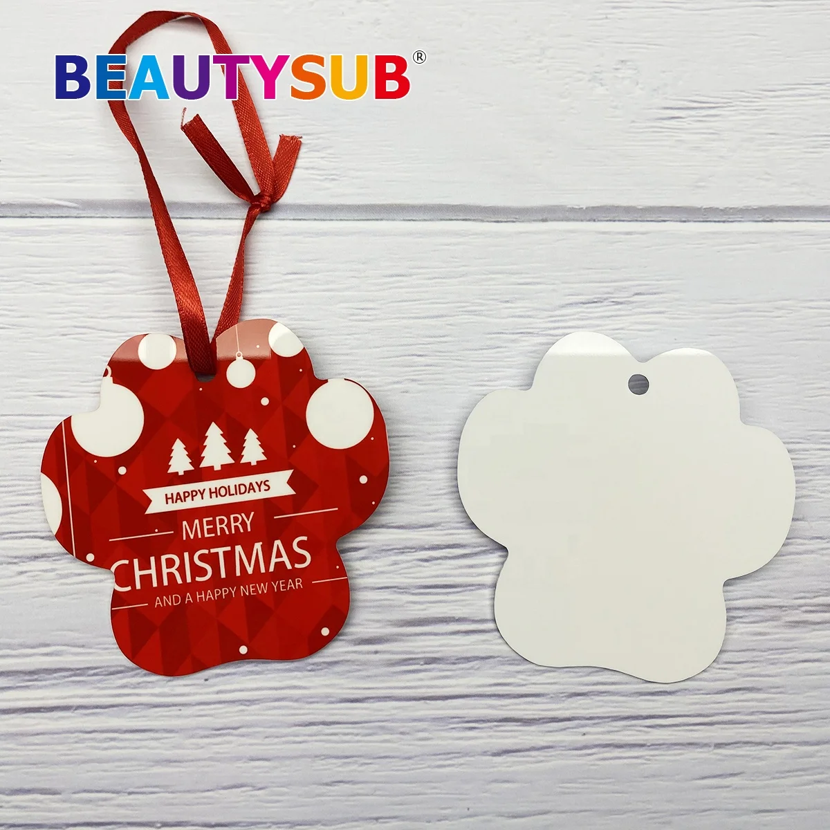 Promotional 1.15mm Sublimation HD Blank Aluminum Ornament Paw Print with Ribbon for Christmas Decoration