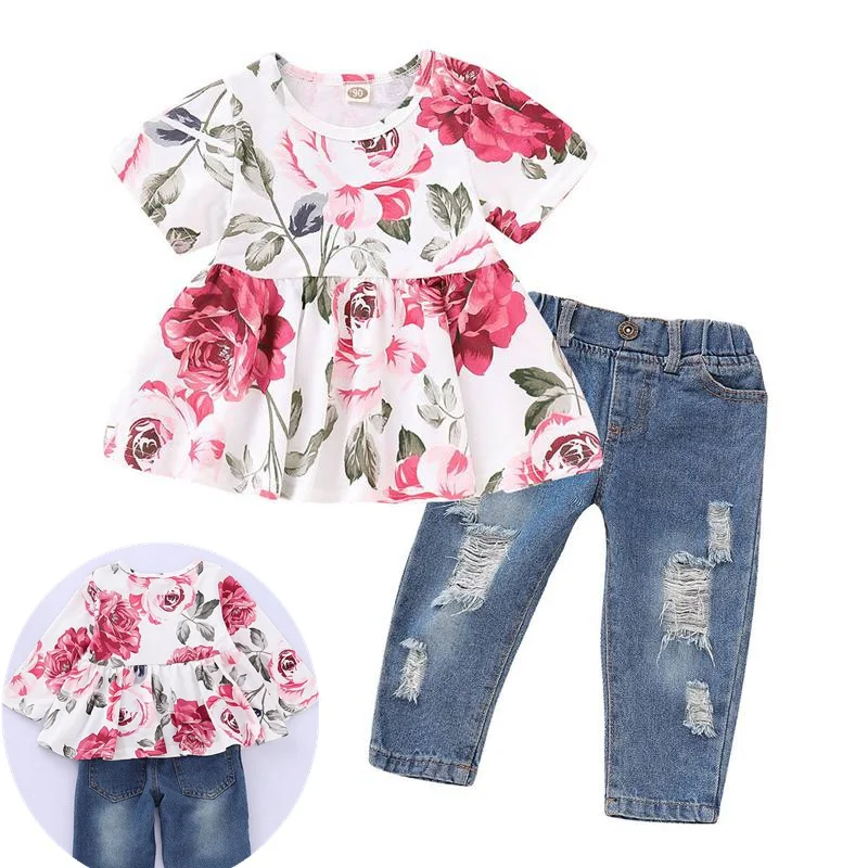 
Kids Girls Floral long Short Sleeve Ruffle Blouse + kids Ripped Jeans Baby Clothing Set outfits 0-4years 