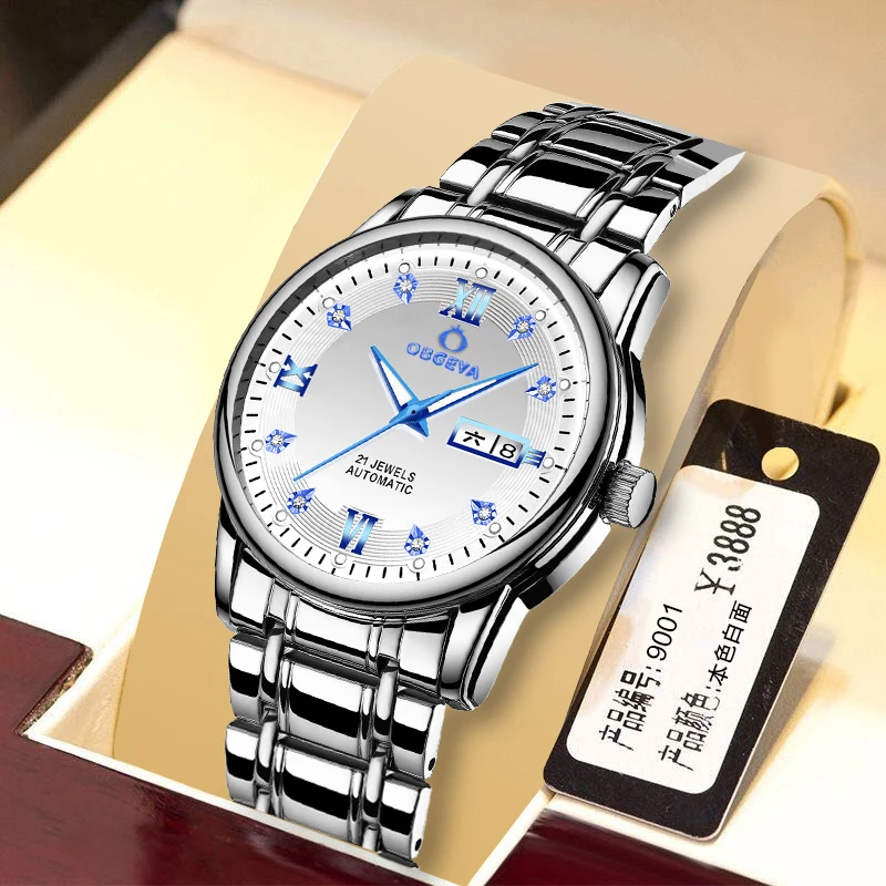 Custom Logo Mechanical Watch OBGEYA 9001B Fashion Stainless Steel Automatic Self Winder Wrist Watch for man
