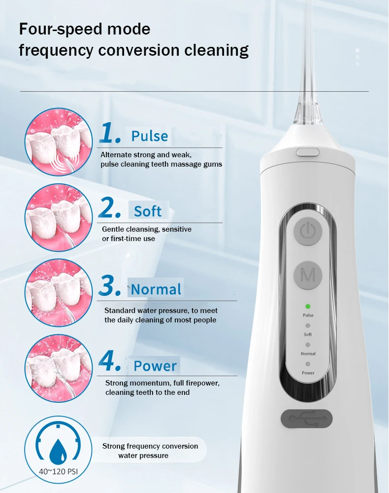 Electric Portable Dental USB Oral Irrigator Pick Waterfloss Teeth Dental Water Flosser Teeth Cleaning Nose Cleaner IPX7 300ml 3
