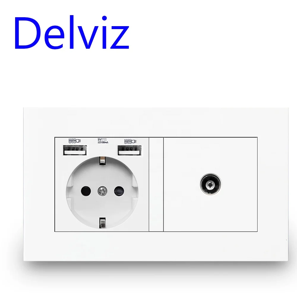 Delviz European Cable TV Outlet, AC 110~250V,Overload protection, 5V 2100MA USB charging port, EU Standard 16A Wall Power Socket