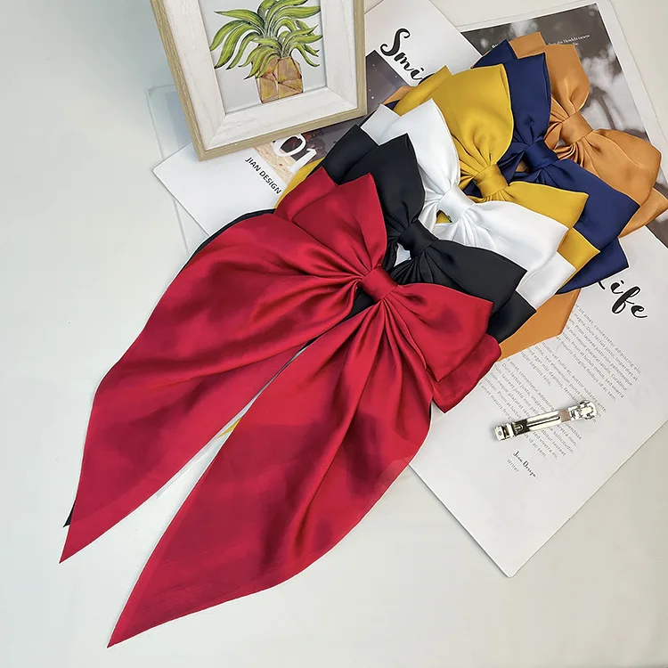 Wholesale Hot Selling Big Bow Spring Hair Clips Plain Color Stain Fabric Long Ribbon Hair Bows Accessories For Women