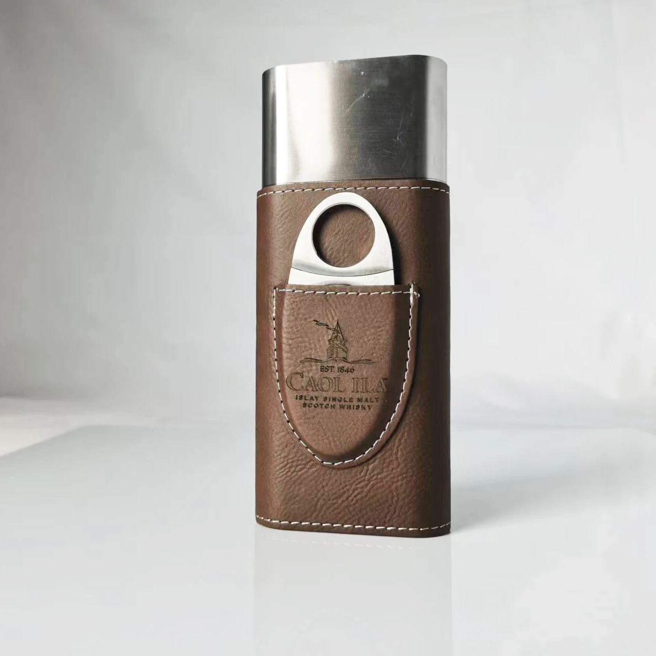Custom Engraved Cigar Case Personalized Stainless Steel Leather Wrap Cigar Case And Cutter