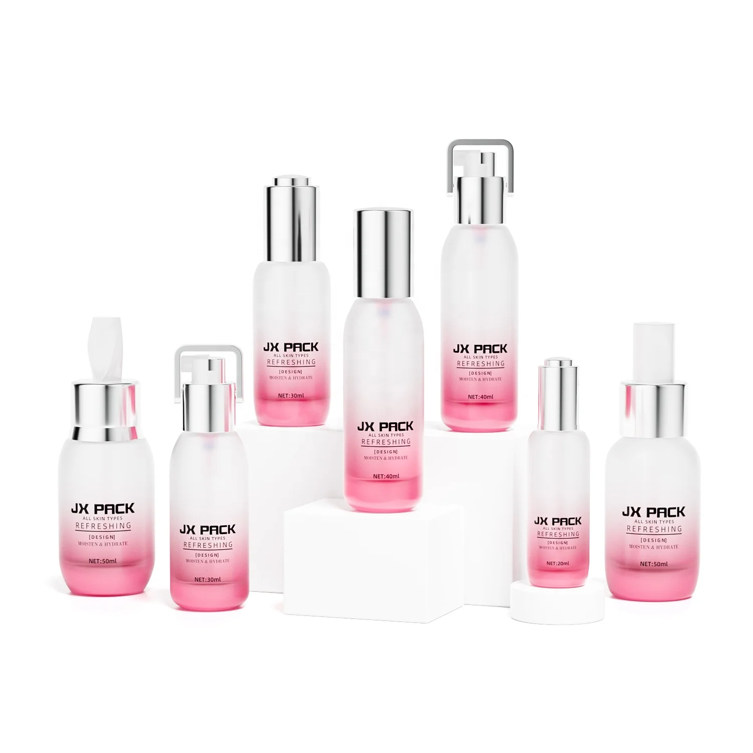 Luxury empty pink cosmetics bottle set packaging glass skin care bottle lotion serum private label packaging set 20 30 40 50ml