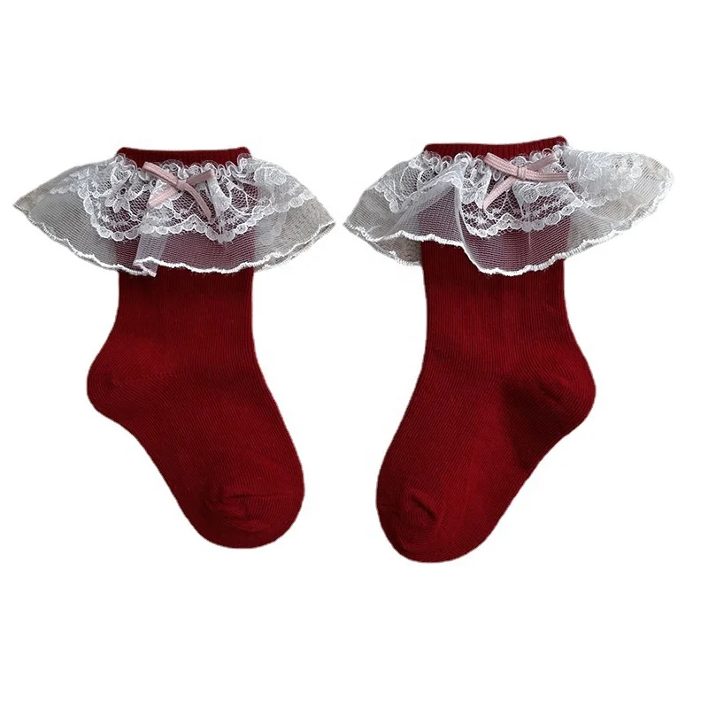 Autumn/winter Princess Windbaby baby mid-tube socks Double lace lace cotton uncut soft comfort socks for girls