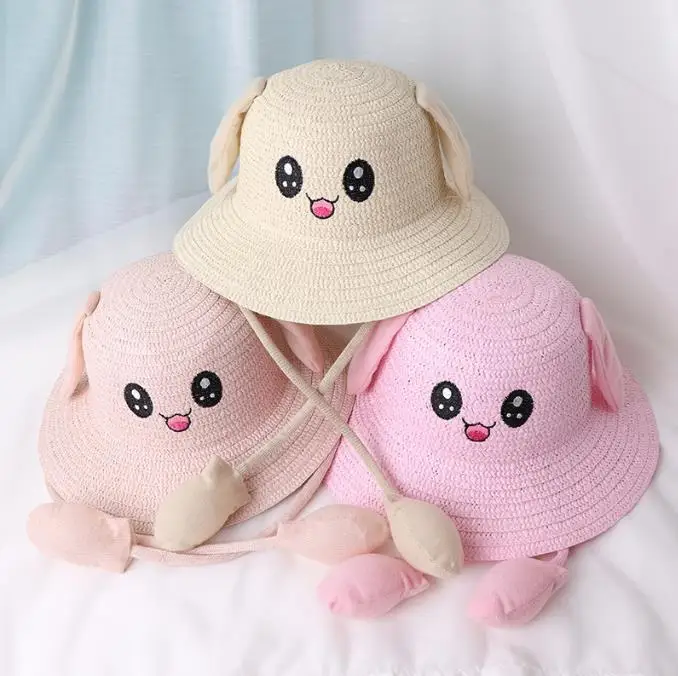 Tiktok Hot Style Kids Cute Rabbit Straw Hat Funny Moving Ears Summer Outdoor Beach Sunhat for Boys Girls Children Plain 7 Cm