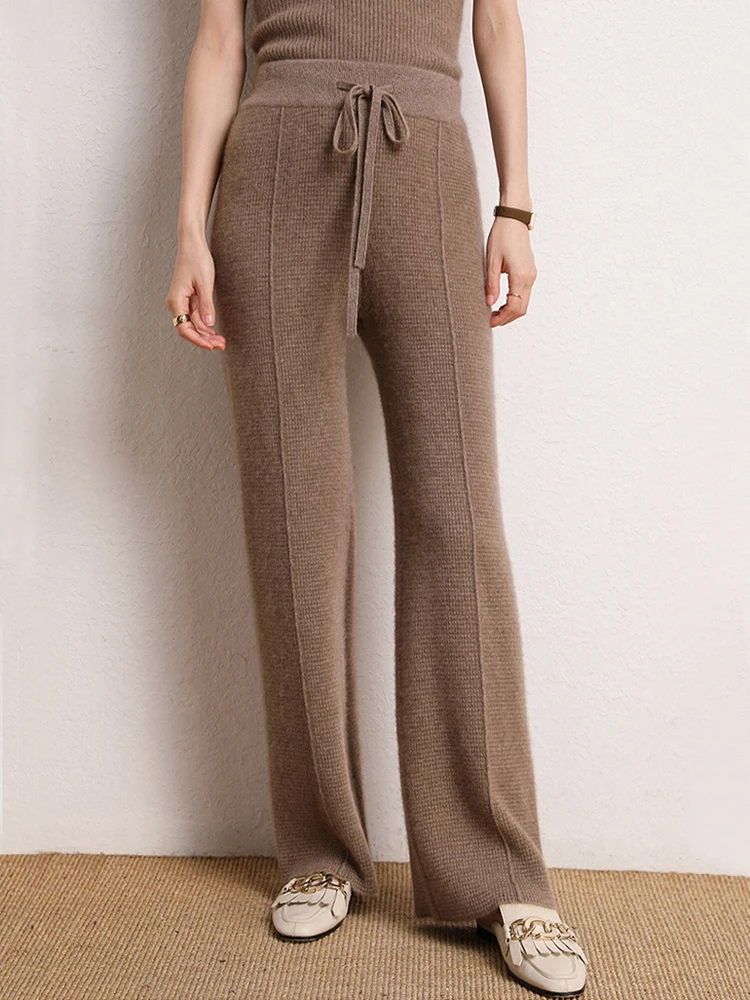 Women Waffle Knit Loose Wide Leg Casual Cashmere Pants with Drawstring