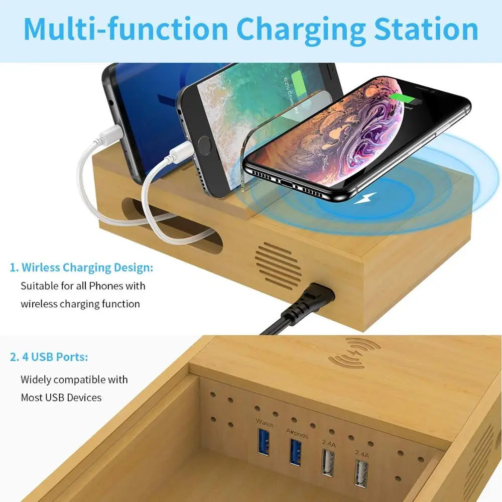
Upgrade Bamboo desktop wireless charging USB port docking station multi charger for cell phone /android tablet /Multiple Devices 