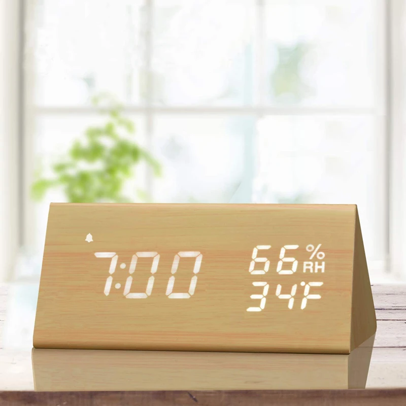 Wooden Electronic LED Time Display Digital  Table Alarm Clock for Bedroom