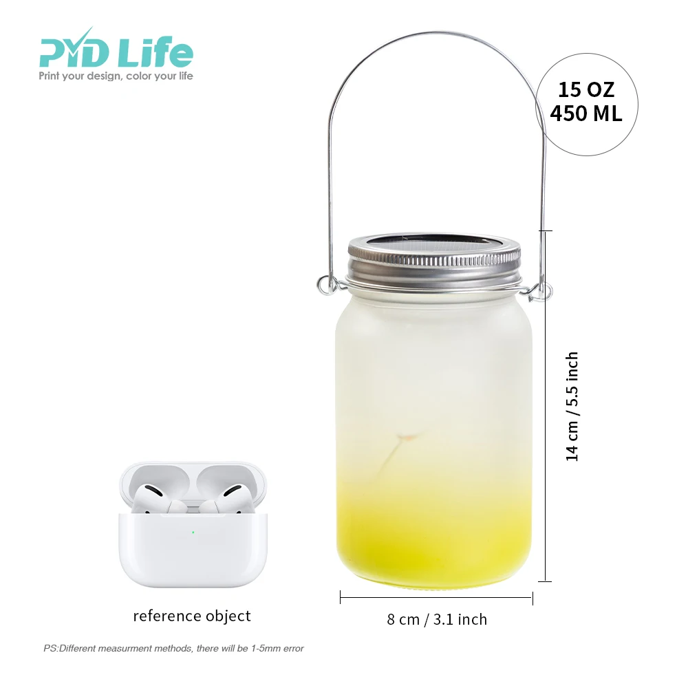 PYD Life 15oz 450 ml Custom Printing Gradient Colour LED Lights Lantern Lid Custom Frosted Glass Sublimation Fairy Mason Jar