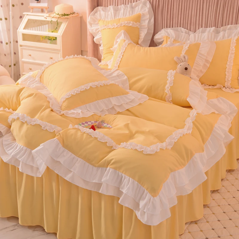 Romantic pink Duvet Cover Set with Bed Skirt Lace Ruffle Chic Bedding Sets Queen 4 Piece bed sheets sets duvet cover 100% cotton