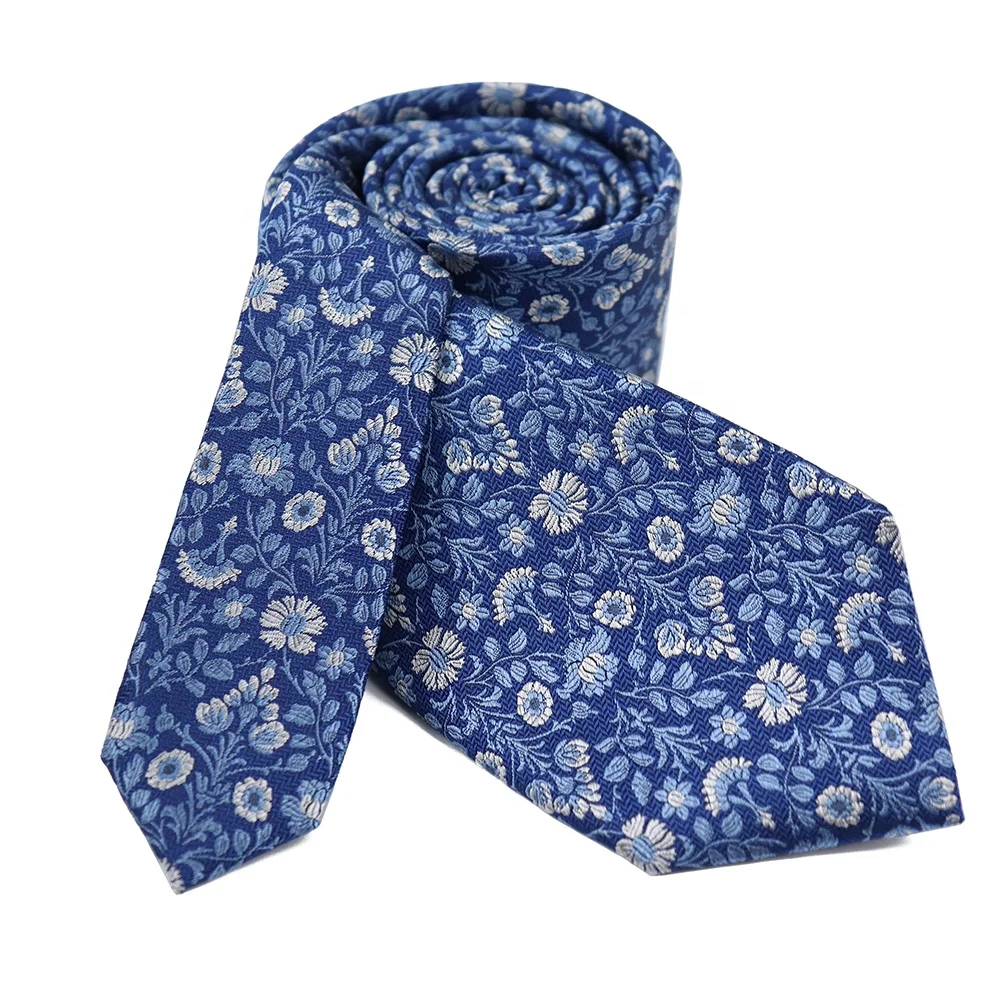Gentlemen Blue Flower Woven Patterns Custom Neck Ties Hand Stitching 7 Fold Natural Silk Tie for Men Suit