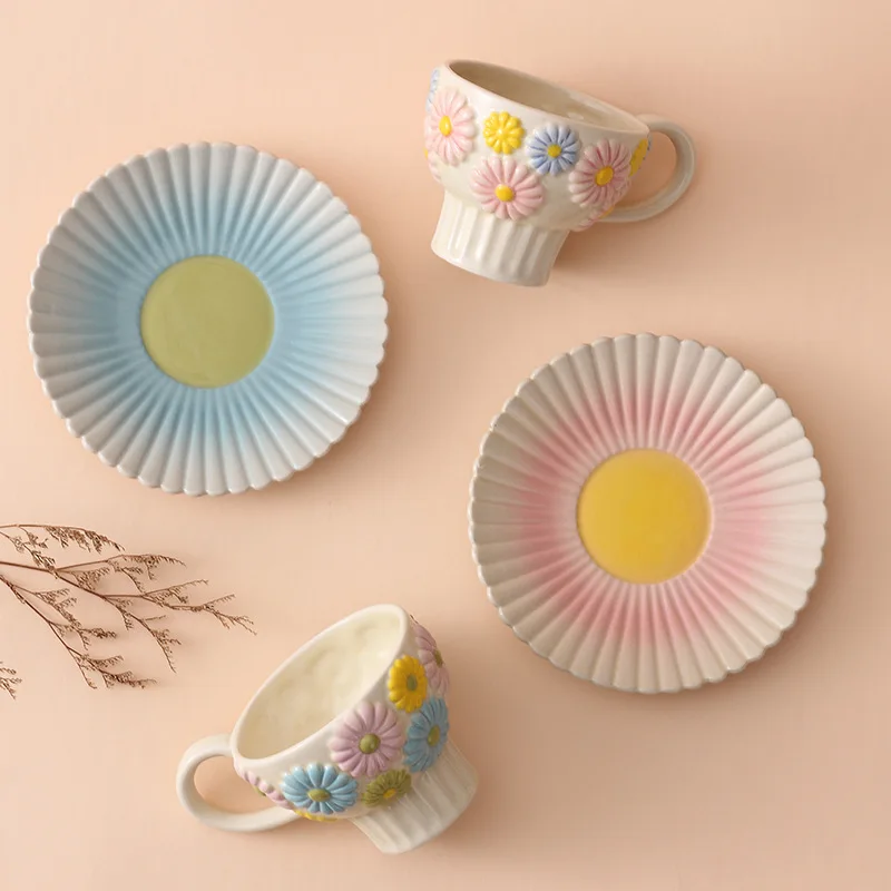 Hand Made Creamic Relief Flower Ceramic Coffee Mug Emboss Ceramic Mug Luxury Afternoon Tea Cup Set