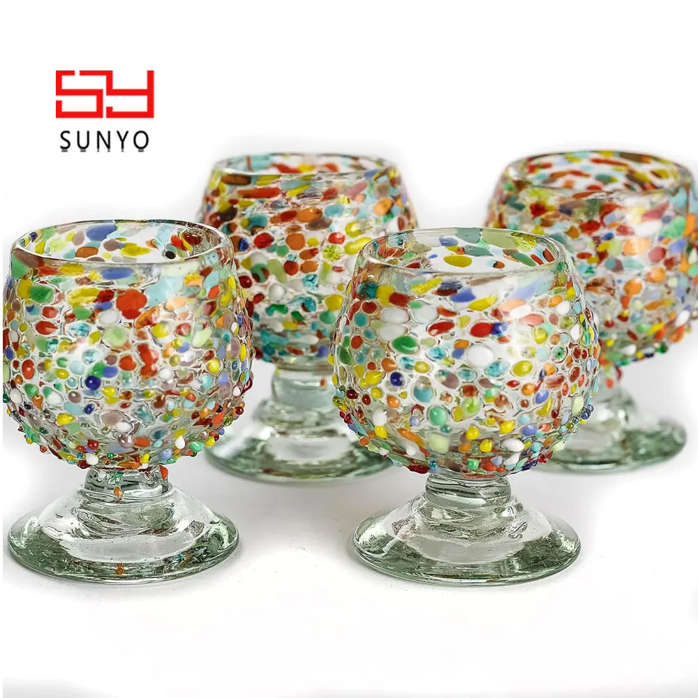 SUNYO Hand Blown Authentic Mexican Tequila Shot Glasses 2 oz Mini Glass Snifters Heavy Base Cognac Confetti Shot Glass
