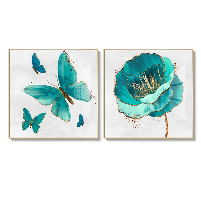 Modern Blue butterfly and flower Customized Crystal Porcelain acrylic UV print art Painting For Dining Room