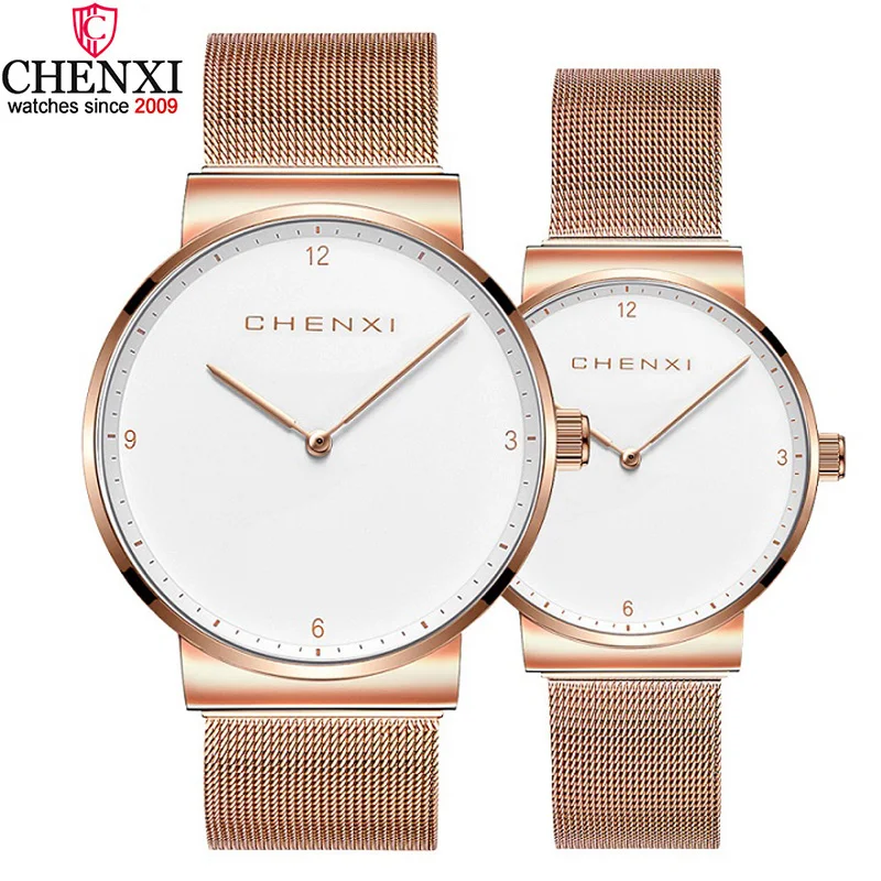 Chenxi 8202 Minimalist Quartz Wrist Watches for Couples Stainless Steel Mesh Strap Analog Luxury Chenxi Couple Watches