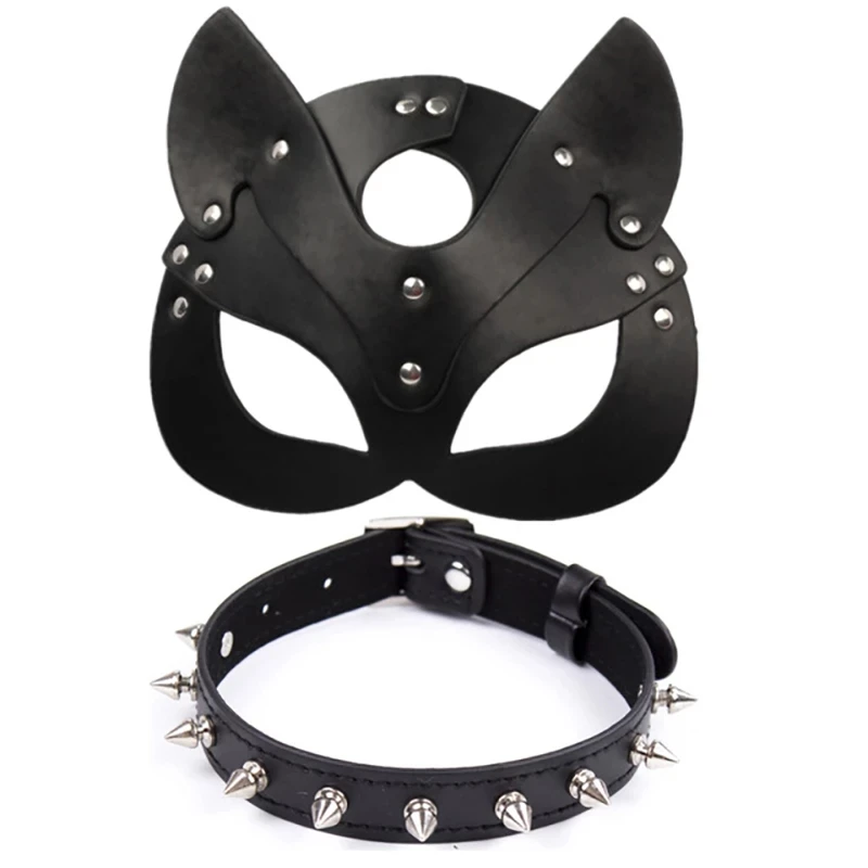 Porn Fetish Head Mask Whip BDSM Bondage Restraints  Leather Cat Halloween Mask  Leather Cat Halloween Mask