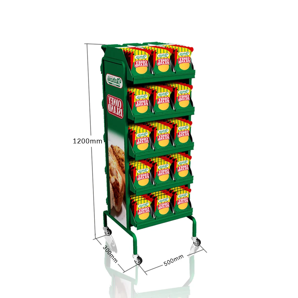 Customized 5 Lays Metal Retail Display Stand Metal Potato Chip Snacks Display Rack  Metal Display Stand With Wheels