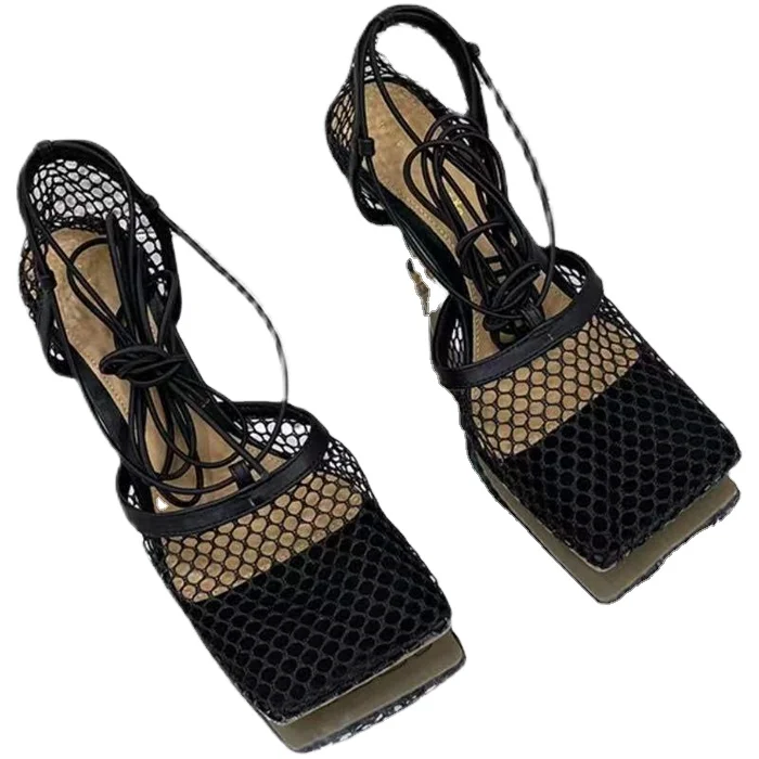 Designer  hight heel for lady square toe lace up heels black mesh sandals rope low heel slipper for women summer