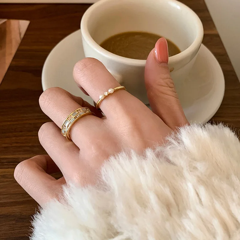 Vershal C4-183 18K Gold Plated New Arrival Fashion Pearl Zircon Minimalist Adjustable Open Ring