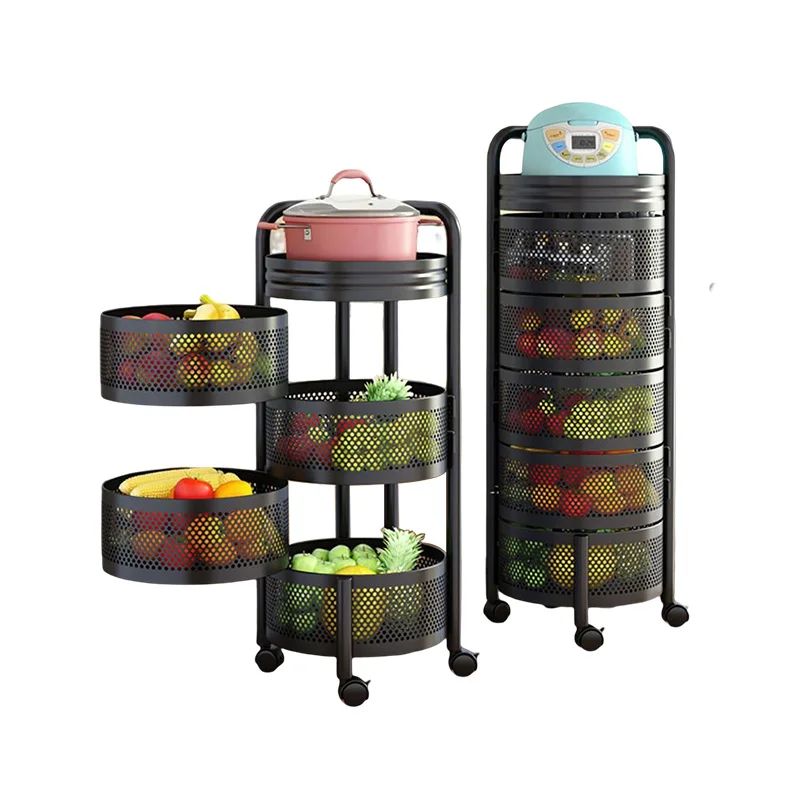 5 Tier Metal Sturdy Rotating Fruit Basket Kitchen Storage Rack Shelf Carts  on Rolling Wheels for Fruit Vegetable